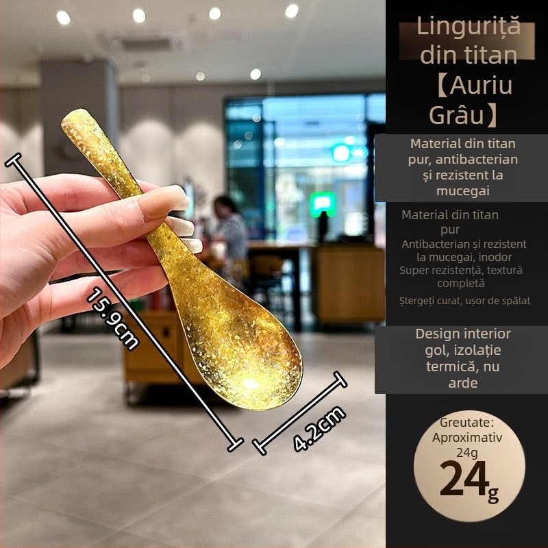 Lingură din titan pur, cu model de piatră în formă de inel și finisaj cristalin de gheață, cupă adâncă pentru supă, lingură de restaurant, lingură coreeană de desert