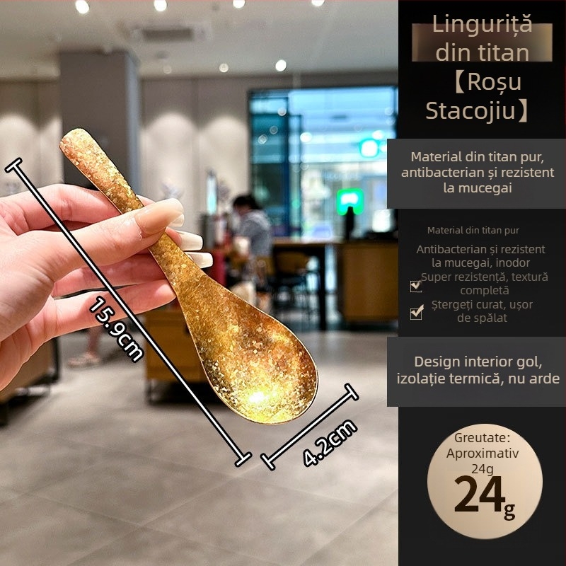 Lingură din titan pur, cu model de piatră în formă de inel și finisaj cristalin de gheață, cupă adâncă pentru supă, lingură de restaurant, lingură coreeană de desert