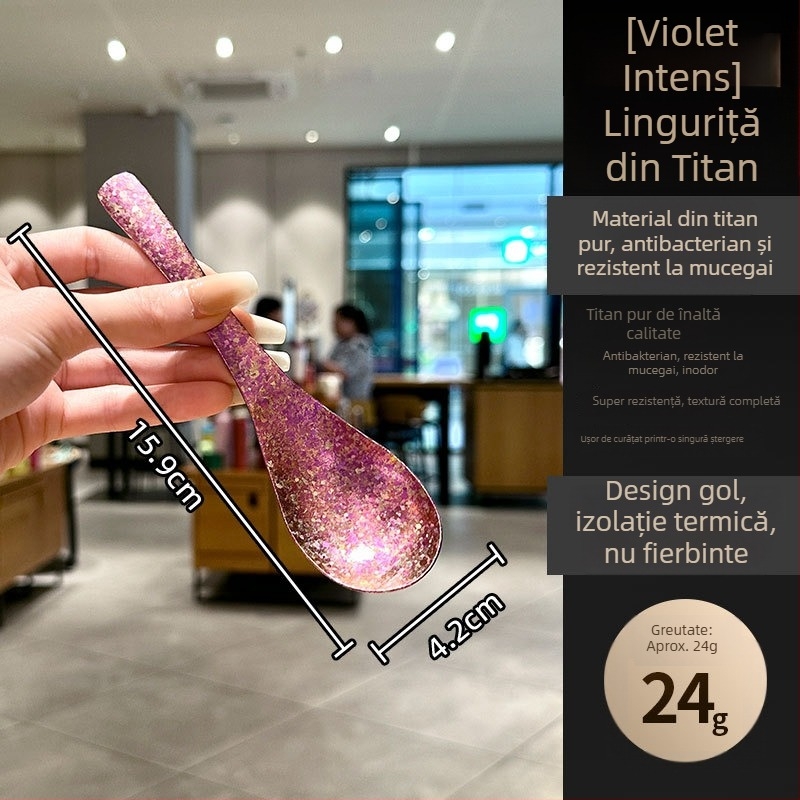 Lingură din titan pur, cu model de piatră în formă de inel și finisaj cristalin de gheață, cupă adâncă pentru supă, lingură de restaurant, lingură coreeană de desert