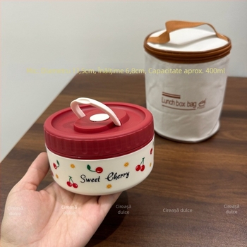 Cutie de prânz din oțel inoxidabil 304, cu model de cireșe, sigilată și etanșă, portabilă, capacitate 301–500 ml, nu este potrivită pentru cuptorul cu microunde.