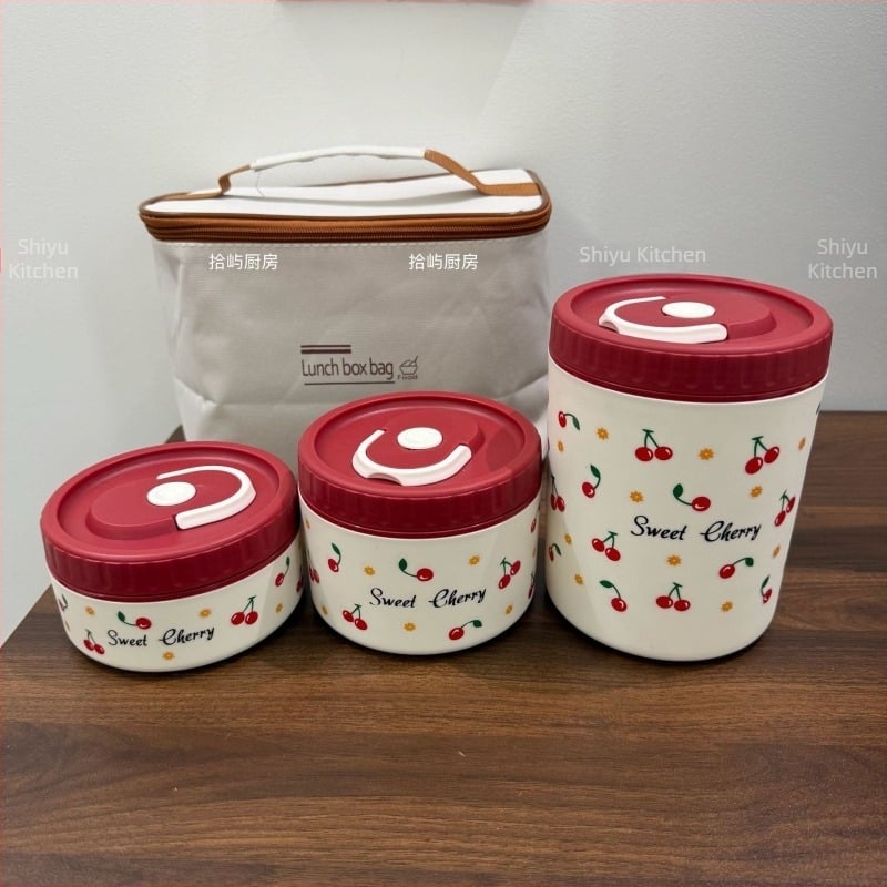 Cutie de prânz din oțel inoxidabil 304, cu model de cireșe, sigilată și etanșă, portabilă, capacitate 301–500 ml, nu este potrivită pentru cuptorul cu microunde.