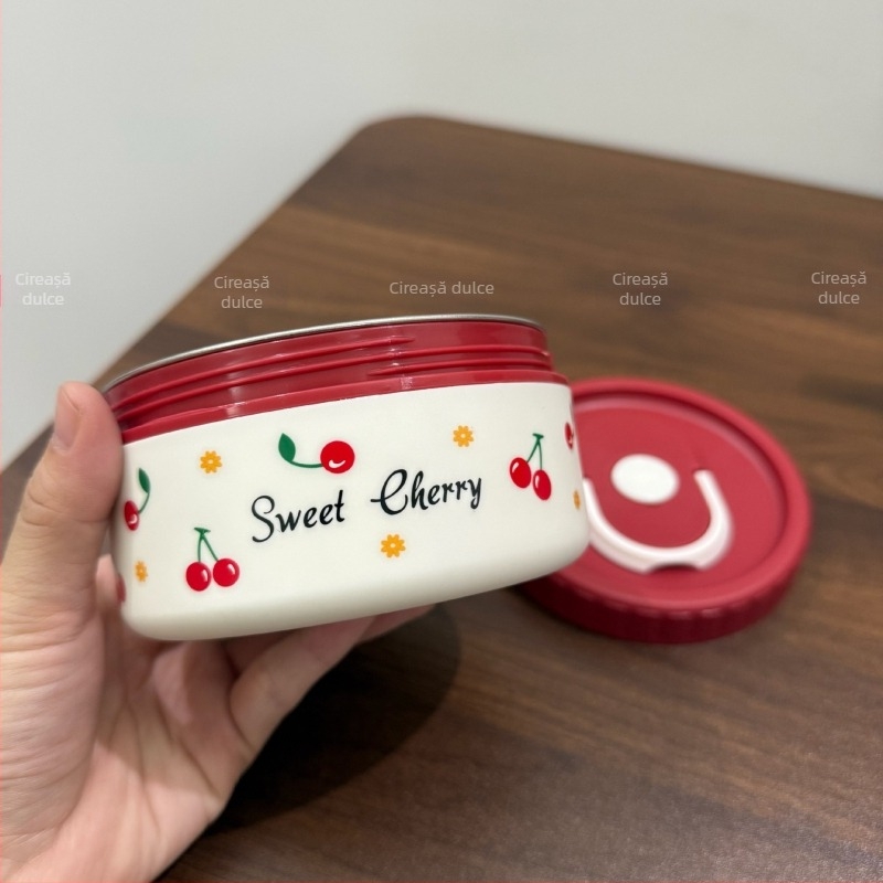 Cutie de prânz din oțel inoxidabil 304, cu model de cireșe, sigilată și etanșă, portabilă, capacitate 301–500 ml, nu este potrivită pentru cuptorul cu microunde.