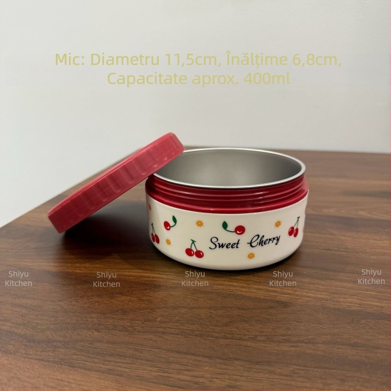 Cutie de prânz din oțel inoxidabil 304, cu model de cireșe, sigilată și etanșă, portabilă, capacitate 301–500 ml, nu este potrivită pentru cuptorul cu microunde.