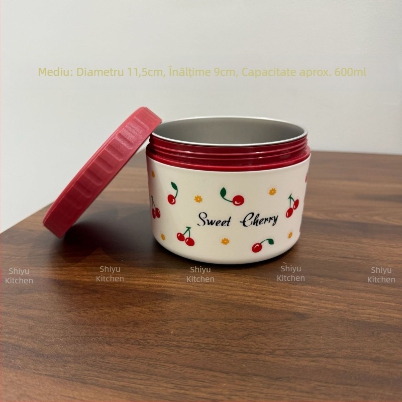 Cutie de prânz din oțel inoxidabil 304, cu model de cireșe, sigilată și etanșă, portabilă, capacitate 301–500 ml, nu este potrivită pentru cuptorul cu microunde.