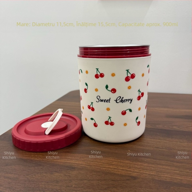 Cutie de prânz din oțel inoxidabil 304, cu model de cireșe, sigilată și etanșă, portabilă, capacitate 301–500 ml, nu este potrivită pentru cuptorul cu microunde.