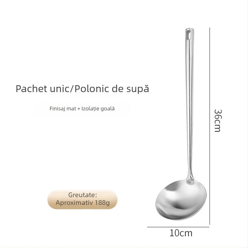 Set de ustensile din oțel inoxidabil 304: spatulă, lingură de supă, lingură cu găuri și strecurătoare pentru tigăi antiaderente