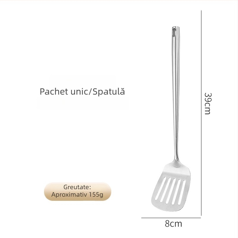Set de ustensile din oțel inoxidabil 304: spatulă, lingură de supă, lingură cu găuri și strecurătoare pentru tigăi antiaderente