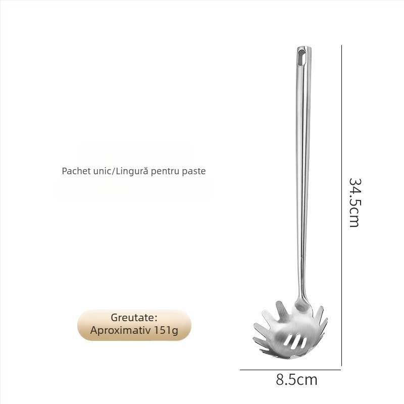 Set de ustensile din oțel inoxidabil 304: spatulă, lingură de supă, lingură cu găuri și strecurătoare pentru tigăi antiaderente