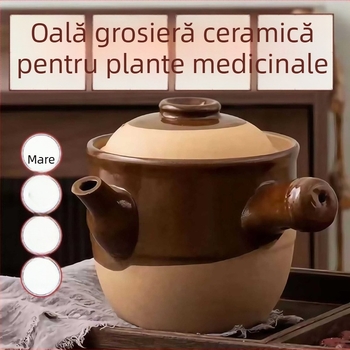 Oală veche de medicină din ceramică de tip stoneware, pentru decoctarea plantelor medicinale, potrivită pentru foc mic pe aragaz cu gaz