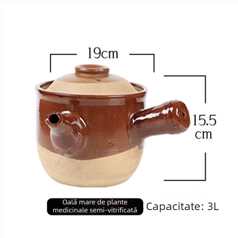 Oală veche de medicină din ceramică de tip stoneware, pentru decoctarea plantelor medicinale, potrivită pentru foc mic pe aragaz cu gaz