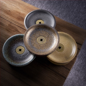 Suport ceramic pentru ceainic cu finisaj placat cu aur, stil vintage japonez, bază circulară pentru ceai și accesorii pentru ceai