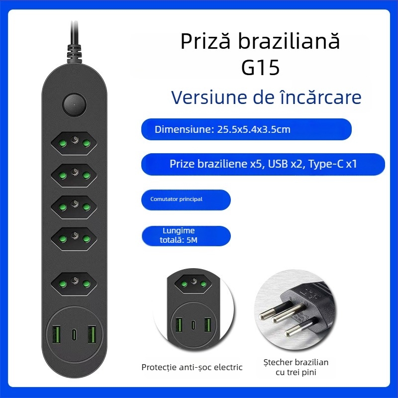 Prelungitor USB cu prize multiple, cablu lung, standard brazilian, compatibil cu standardele SUA și UE, protecție la suprasarcină