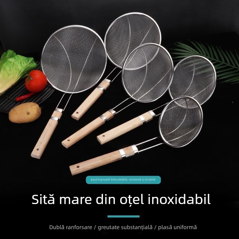 Colander din oțel inox cu mâner din lemn, protecție împotriva arsurilor, capacitate mare, pentru paste și prăjit, sită cu mâner lung