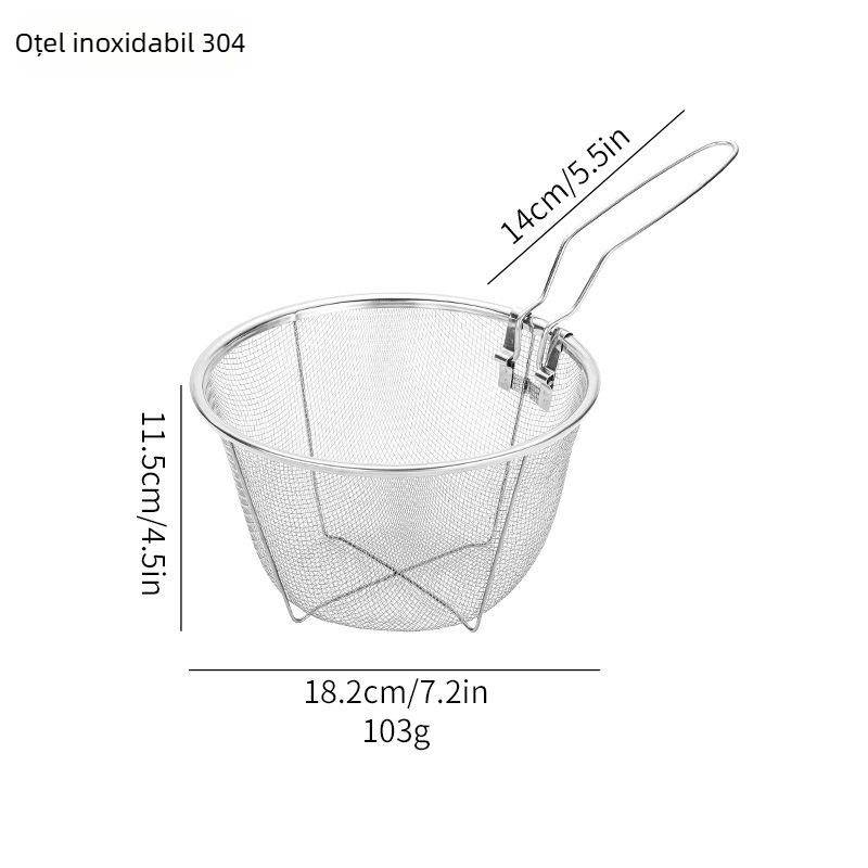 Coș de prăjit din oțel inoxidabil, pliabil, cu lingură pentru tăiței și o sită mare de scurgere