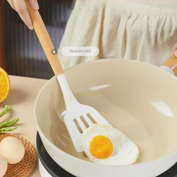 Set din silicon cu mâner din lemn: spatulă, lingură de supă și lingură cu găuri, rezistente la temperaturi înalte, antiaderent
