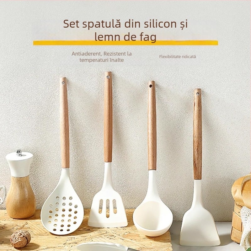 Set din silicon cu mâner din lemn: spatulă, lingură de supă și lingură cu găuri, rezistente la temperaturi înalte, antiaderent