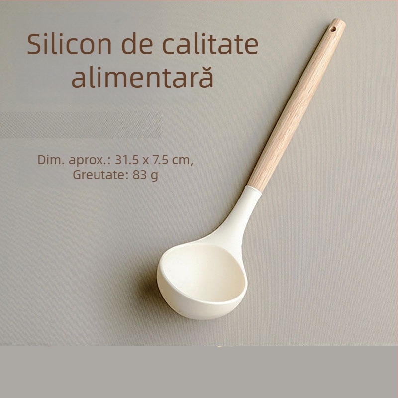Set din silicon cu mâner din lemn: spatulă, lingură de supă și lingură cu găuri, rezistente la temperaturi înalte, antiaderent