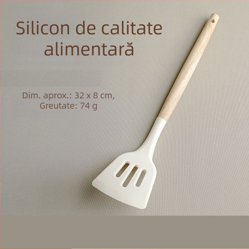Set din silicon cu mâner din lemn: spatulă, lingură de supă și lingură cu găuri, rezistente la temperaturi înalte, antiaderent