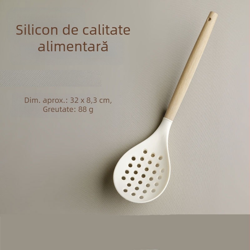 Set din silicon cu mâner din lemn: spatulă, lingură de supă și lingură cu găuri, rezistente la temperaturi înalte, antiaderent