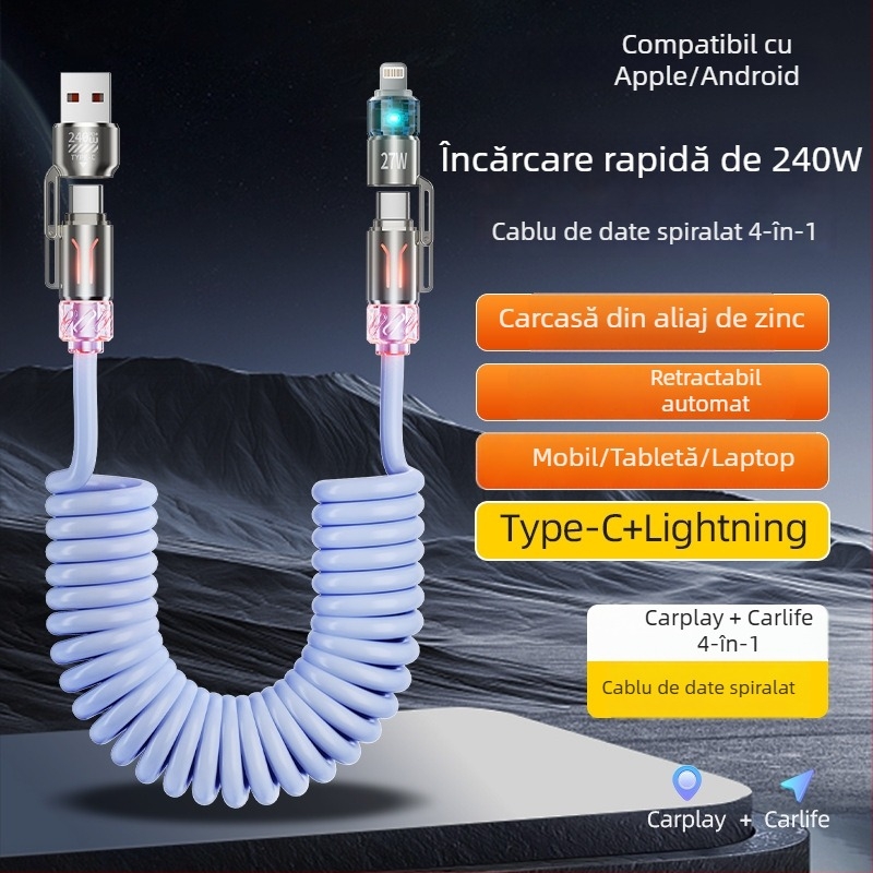 Cablu auto patru în unu pentru date, 240W, cu USB-C și Lightning — încărcare ultra-rapidă, aromaterapie, lungime 1–2 m