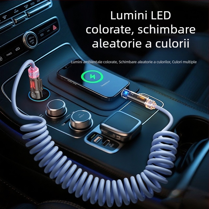 Cablu auto patru în unu pentru date, 240W, cu USB-C și Lightning — încărcare ultra-rapidă, aromaterapie, lungime 1–2 m