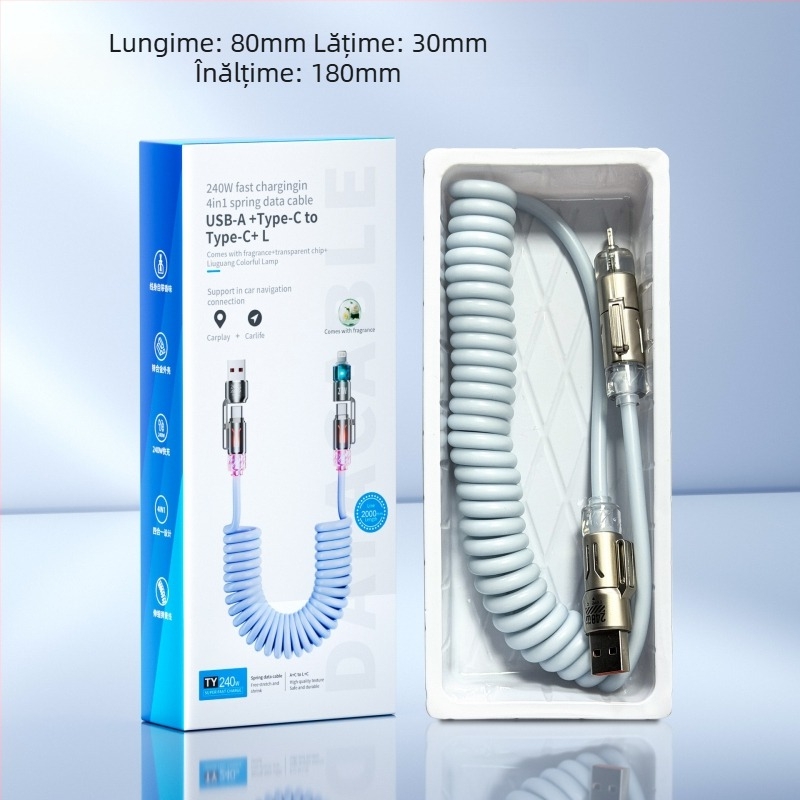 Cablu auto patru în unu pentru date, 240W, cu USB-C și Lightning — încărcare ultra-rapidă, aromaterapie, lungime 1–2 m