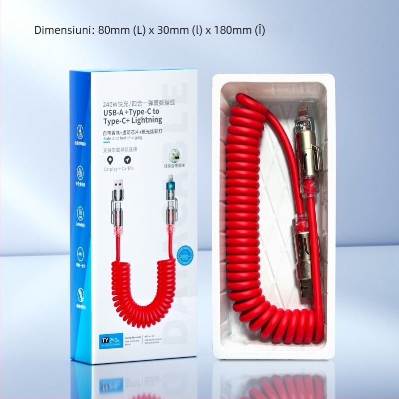 Cablu auto patru în unu pentru date, 240W, cu USB-C și Lightning — încărcare ultra-rapidă, aromaterapie, lungime 1–2 m