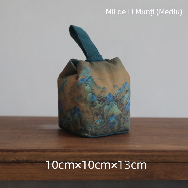 Set accesorii pentru ceremonia ceaiului: recipient de ceai din textil, ceașcă, ceainic, geantă de voiaj din țesătură, artă textilă cu motivul „Mii de râuri și munți”, Stil Nou Chinezesc