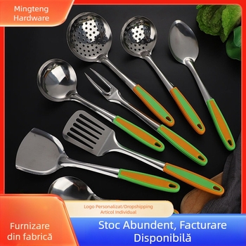 Set de ustensile din oțel inoxidabil pentru bucătărie: spatulă, lingură de supă, lingură de gătit, lingură strecurătoare, furculiță pentru carne, lingură pentru legume, lingură de orez
