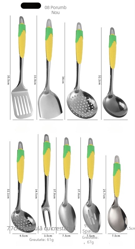 Set de ustensile din oțel inoxidabil pentru bucătărie: spatulă, lingură de supă, lingură de gătit, lingură strecurătoare, furculiță pentru carne, lingură pentru legume, lingură de orez