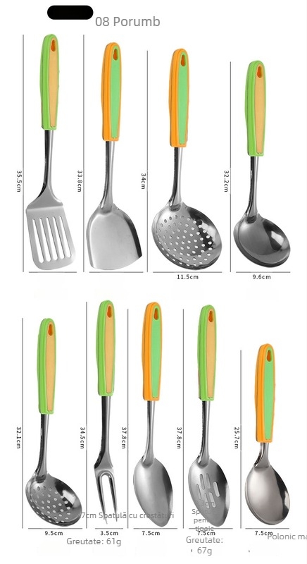 Set de ustensile din oțel inoxidabil pentru bucătărie: spatulă, lingură de supă, lingură de gătit, lingură strecurătoare, furculiță pentru carne, lingură pentru legume, lingură de orez