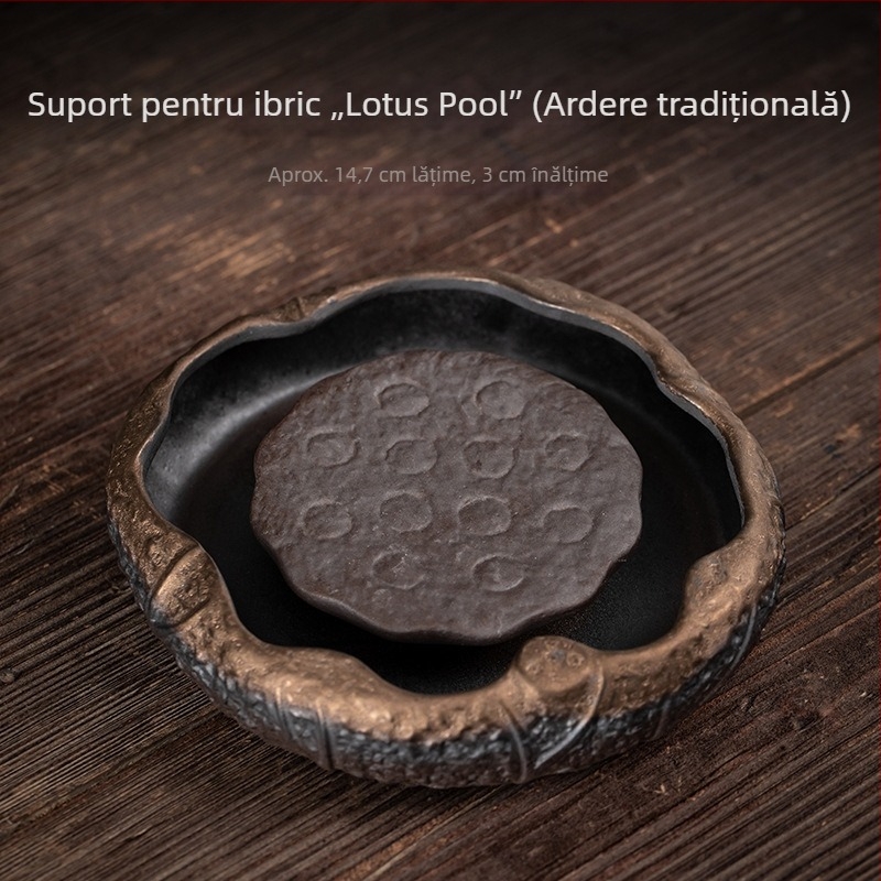 Suport pentru ceainic în stil japonez, ceramică rustică, glazură aurie pe suprafața de fier, motiv Lacul Lotosului, mic suport de stocare a apei pentru ceremonia Gongfu acasă