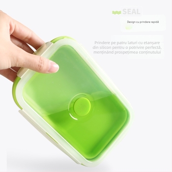 Cutie de prânz din silicon cu capac, Bento pliabil pentru camping și călătorii, pătrată, 800–1000 ml, compatibilă cu cuptorul cu microunde, include furculiță și lingură, design simplu modern