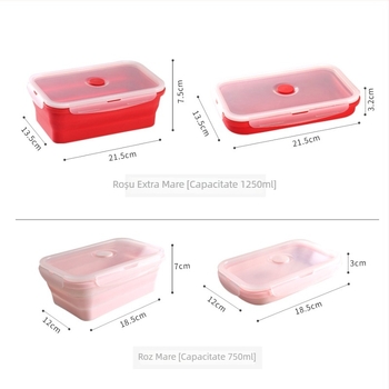 Cutie de prânz din silicon cu capac, Bento pliabil pentru camping și călătorii, pătrată, 800–1000 ml, compatibilă cu cuptorul cu microunde, include furculiță și lingură, design simplu modern