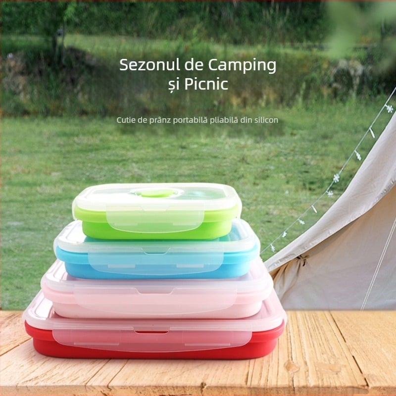 Cutie de prânz din silicon cu capac, Bento pliabil pentru camping și călătorii, pătrată, 800–1000 ml, compatibilă cu cuptorul cu microunde, include furculiță și lingură, design simplu modern
