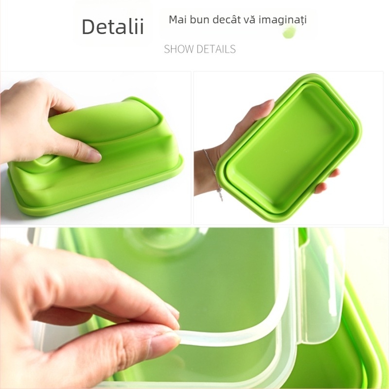 Cutie de prânz din silicon cu capac, Bento pliabil pentru camping și călătorii, pătrată, 800–1000 ml, compatibilă cu cuptorul cu microunde, include furculiță și lingură, design simplu modern