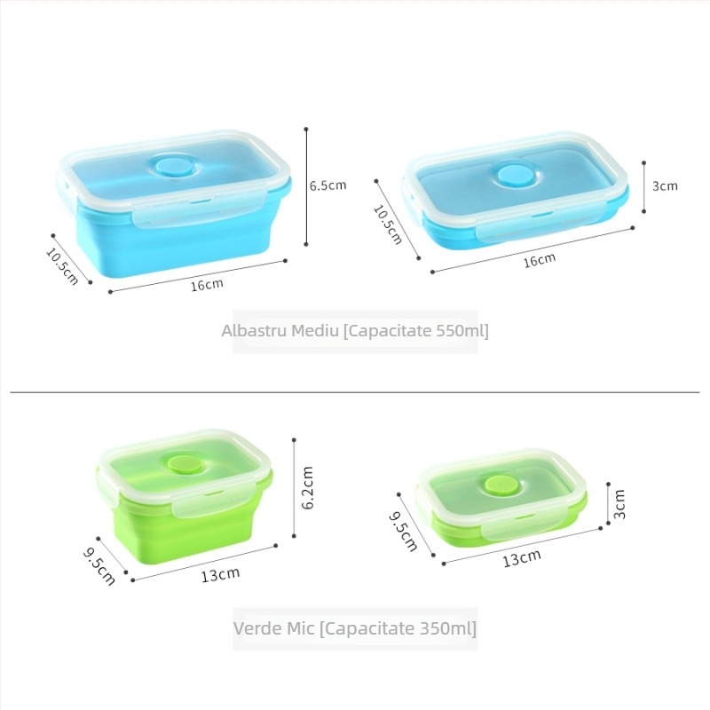 Cutie de prânz din silicon cu capac, Bento pliabil pentru camping și călătorii, pătrată, 800–1000 ml, compatibilă cu cuptorul cu microunde, include furculiță și lingură, design simplu modern