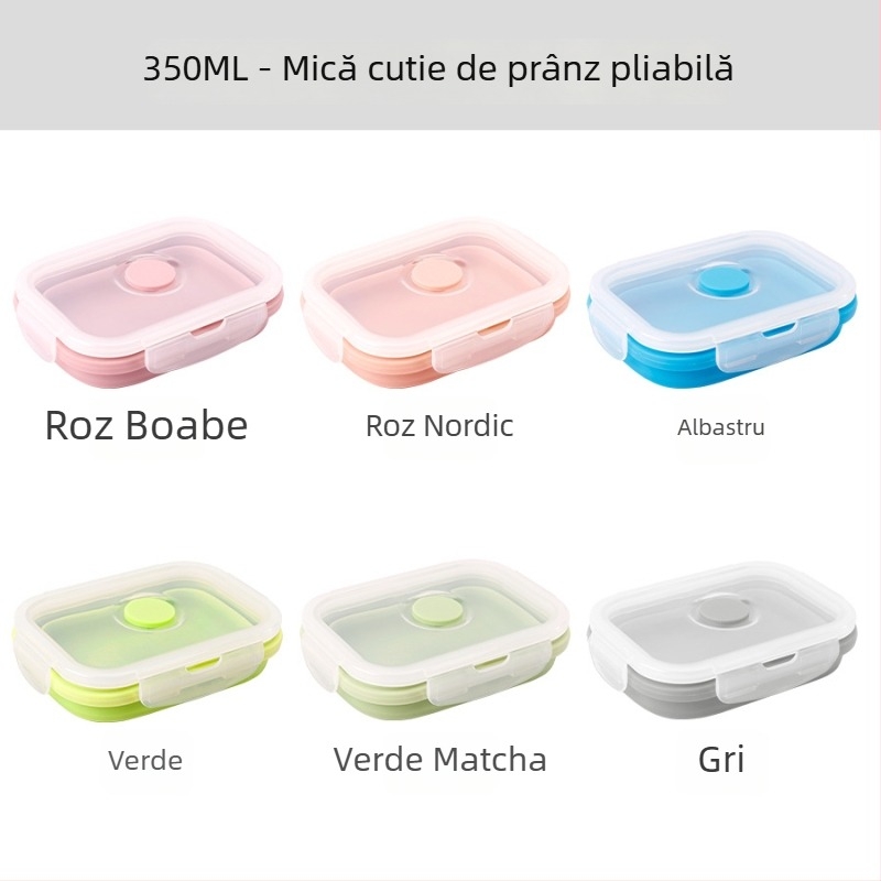 Cutie de prânz din silicon cu capac, Bento pliabil pentru camping și călătorii, pătrată, 800–1000 ml, compatibilă cu cuptorul cu microunde, include furculiță și lingură, design simplu modern