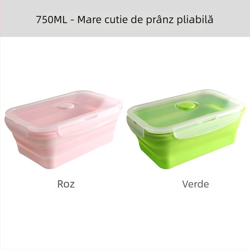 Cutie de prânz din silicon cu capac, Bento pliabil pentru camping și călătorii, pătrată, 800–1000 ml, compatibilă cu cuptorul cu microunde, include furculiță și lingură, design simplu modern