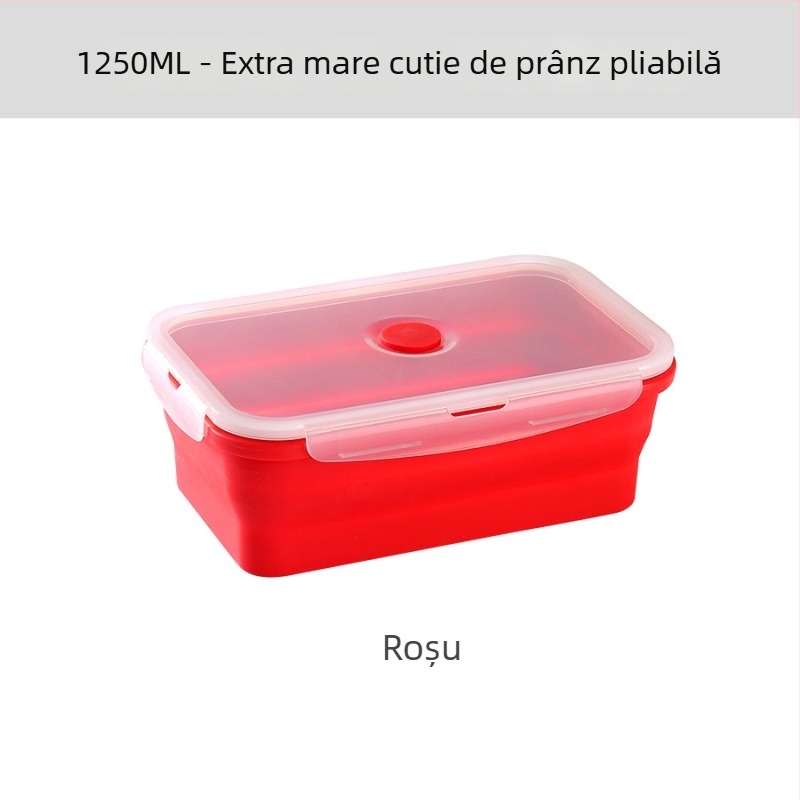 Cutie de prânz din silicon cu capac, Bento pliabil pentru camping și călătorii, pătrată, 800–1000 ml, compatibilă cu cuptorul cu microunde, include furculiță și lingură, design simplu modern