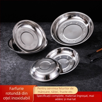 Farfurii din oțel inoxidabil pentru masă, variante plate și adânci, în trei dimensiuni: 16–17 cm, 18–19 cm, 24–25 cm.