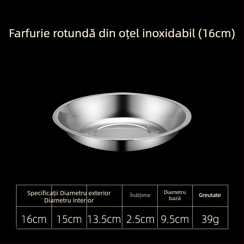Farfurii din oțel inoxidabil pentru masă, variante plate și adânci, în trei dimensiuni: 16–17 cm, 18–19 cm, 24–25 cm.