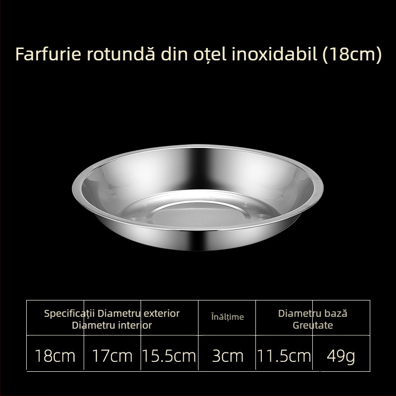 Farfurii din oțel inoxidabil pentru masă, variante plate și adânci, în trei dimensiuni: 16–17 cm, 18–19 cm, 24–25 cm.