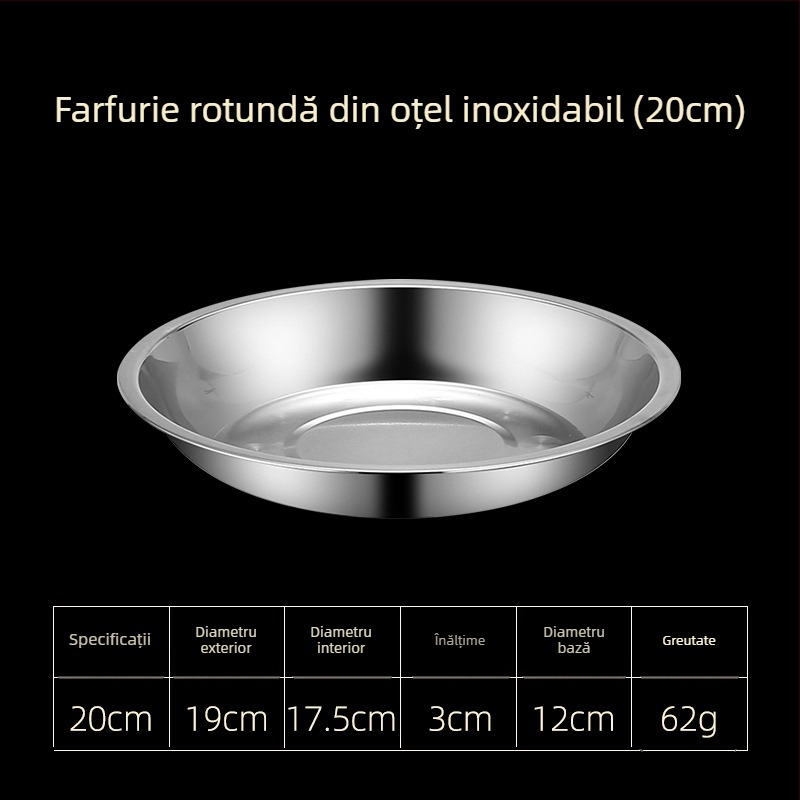 Farfurii din oțel inoxidabil pentru masă, variante plate și adânci, în trei dimensiuni: 16–17 cm, 18–19 cm, 24–25 cm.