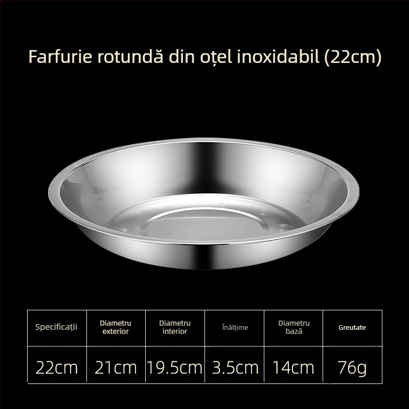 Farfurii din oțel inoxidabil pentru masă, variante plate și adânci, în trei dimensiuni: 16–17 cm, 18–19 cm, 24–25 cm.