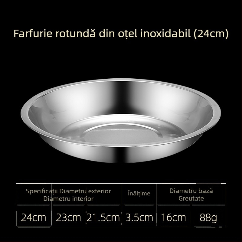 Farfurii din oțel inoxidabil pentru masă, variante plate și adânci, în trei dimensiuni: 16–17 cm, 18–19 cm, 24–25 cm.