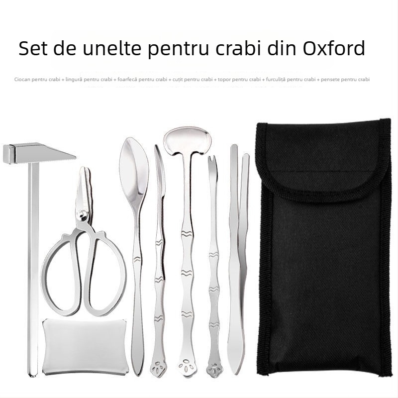 Set opt piese din oțel inoxidabil pentru consumul de crab, clește pentru crab și foarfecă pentru uz casnic