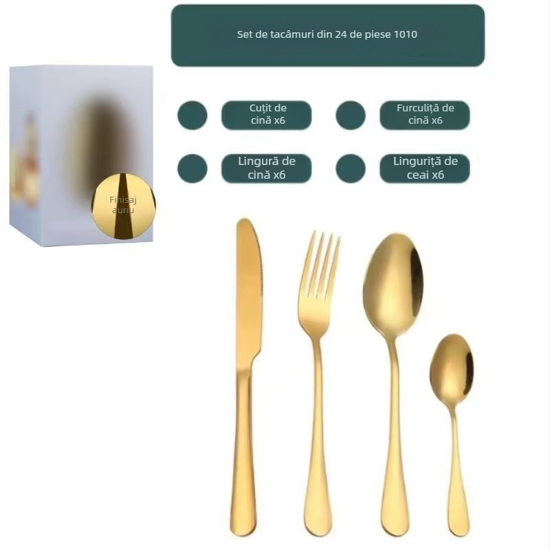 Set de 24 tacâmuri din oțel inoxidabil cu motif ananas – cuțit, furculiță și lingură; oțel inoxidabil 410; design modern minimalist; culori: argintiu, auriu, roz auriu.
