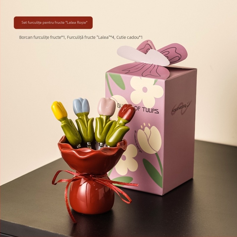 Set de furculițe pentru fructe într-un borcan ceramic, cu design Dopamine Tulip — din oțel inoxidabil