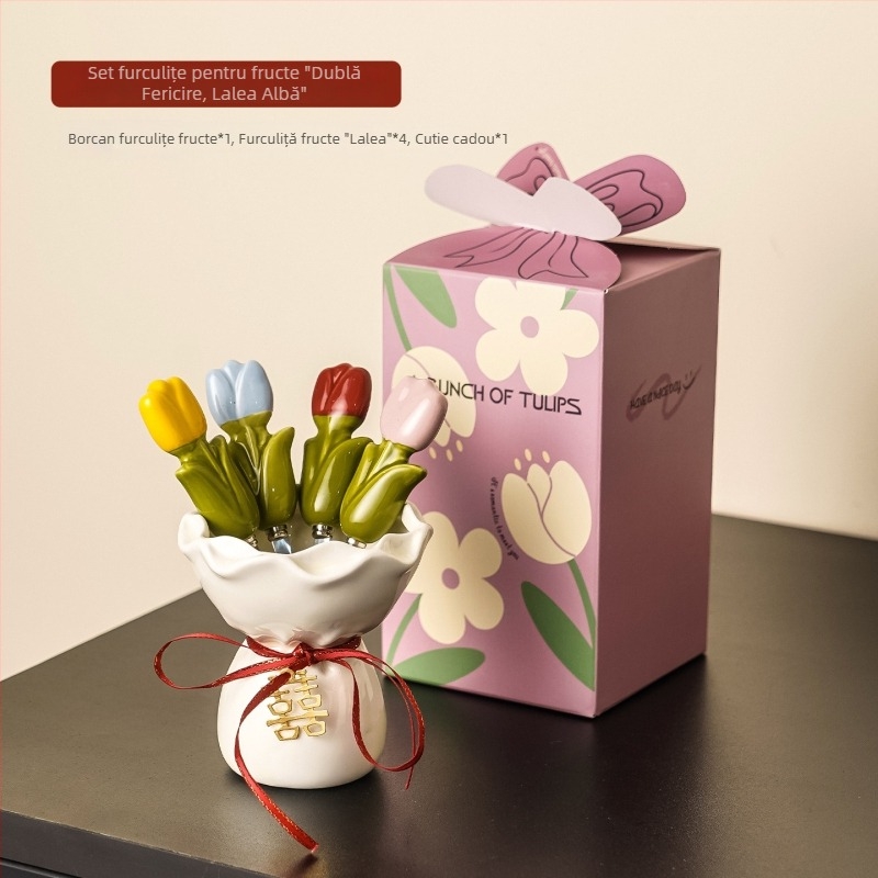 Set de furculițe pentru fructe într-un borcan ceramic, cu design Dopamine Tulip — din oțel inoxidabil